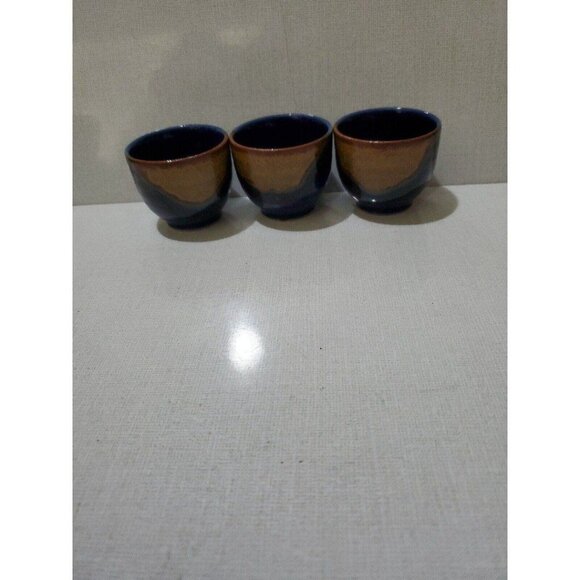 Japanese Sake Cup Set of 3 Blue Brown Drip Glaze Pottery Wabi Sabi - Picture 4 of 4